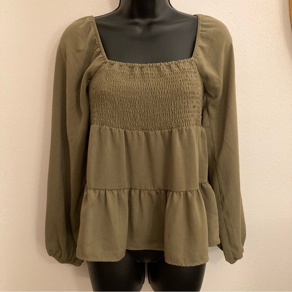 Paper Crane Olive Green Smocked Long Sleeve Boho Fairy Spring Summer Blouse Top - Picture 11 of 15